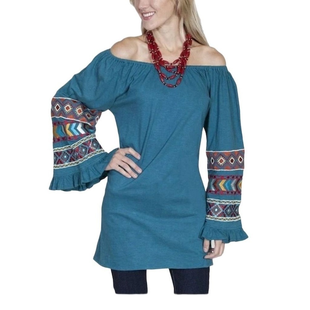 Scully Women's Teal Off-Shoulder Boho Tunic Embroidered Bell Sleeves Medium